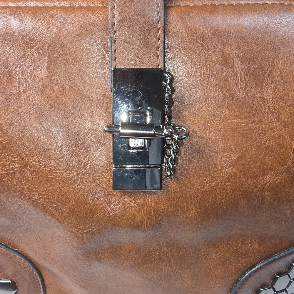 H SAMS VINTAGE BROWN SATCHEL PURSE HANDBAG LEATHER HONEYCOMB METAL DETAIL
